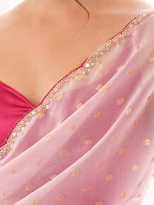 Pink tissue embellished saree with unstitched blouse piece. 4