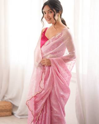 Pink tissue embellished saree with unstitched blouse piece. 5