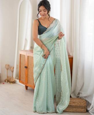 Sea green tissue embellished saree with unstitched blouse piece. 2