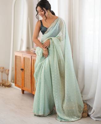 Sea green tissue embellished saree with unstitched blouse piece. 3