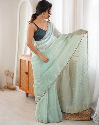 Sea green tissue embellished saree with unstitched blouse piece. 5