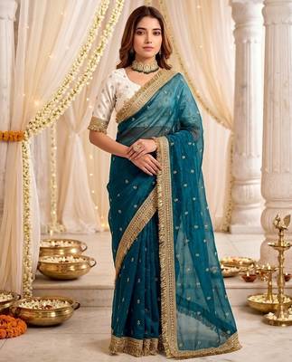 sky blue color satin sequin embroidered work saree with contrast blouse 1