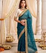 sky blue color satin sequin embroidered work saree with contrast blouse