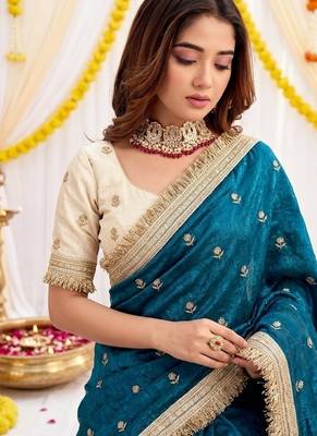 sky blue color satin sequin embroidered work saree with contrast blouse 2