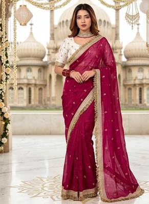 rani pink color satin sequin embroidered work saree with contrast blouse 1