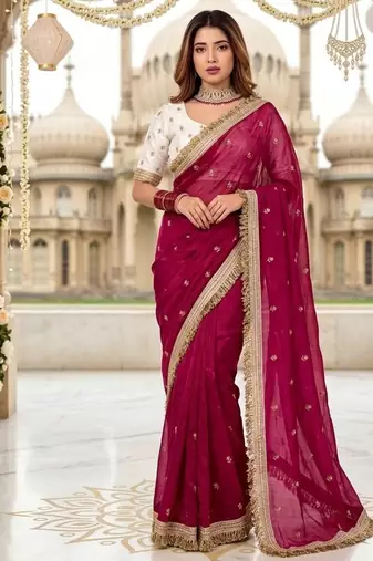 rani pink color satin sequin embroidered work saree with contrast blouse
