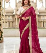 rani pink color satin sequin embroidered work saree with contrast blouse