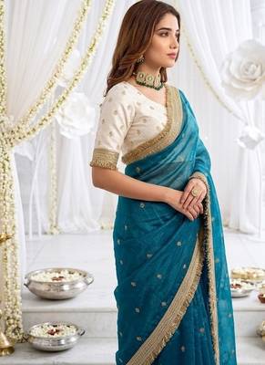 sky blue color satin sequin embroidered work saree with contrast blouse 3