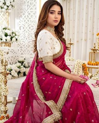 rani pink color satin sequin embroidered work saree with contrast blouse 2