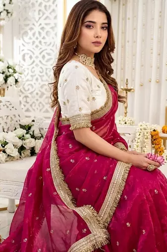 rani pink color satin sequin embroidered work saree with contrast blouse