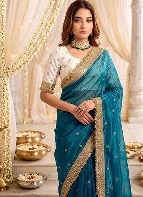 sky blue color satin sequin embroidered work saree with contrast blouse 4