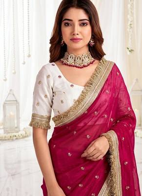rani pink color satin sequin embroidered work saree with contrast blouse 3
