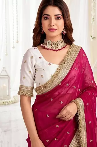 rani pink color satin sequin embroidered work saree with contrast blouse