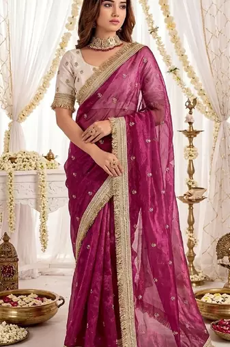 magenta color satin sequin embroidered work saree with contrast blouse