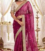 magenta color satin sequin embroidered work saree with contrast blouse