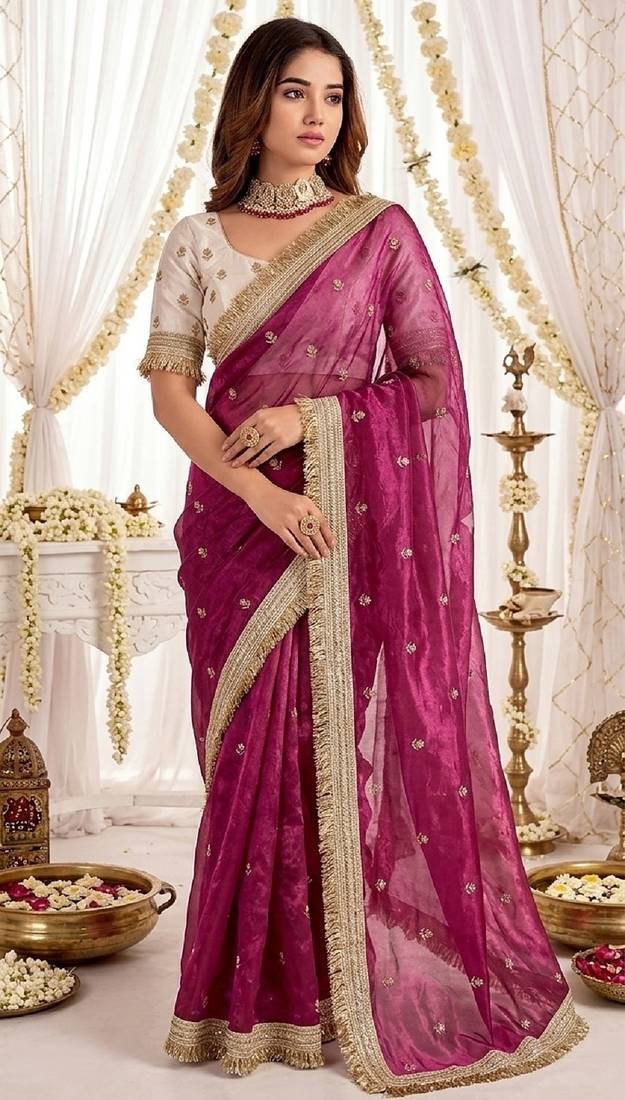 magenta color satin sequin embroidered work saree with contrast blouse