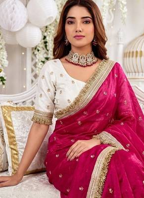 rani pink color satin sequin embroidered work saree with contrast blouse 4