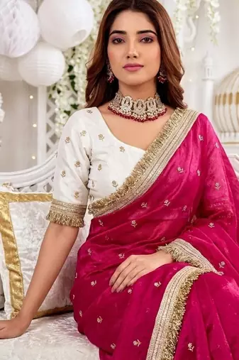 rani pink color satin sequin embroidered work saree with contrast blouse