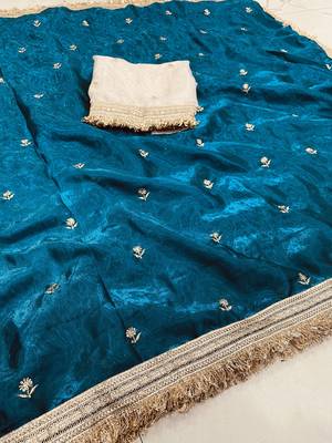 sky blue color satin sequin embroidered work saree with contrast blouse 5