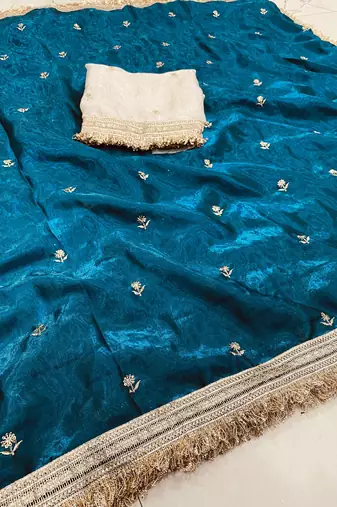 sky blue color satin sequin embroidered work saree with contrast blouse