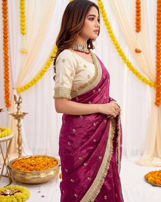 magenta color satin sequin embroidered work saree with contrast blouse 2