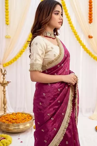magenta color satin sequin embroidered work saree with contrast blouse