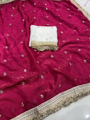 rani pink color satin sequin embroidered work saree with contrast blouse 5