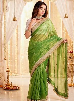 green color satin sequin embroidered work saree with contrast blouse 1