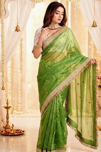 green color satin sequin embroidered work saree with contrast blouse