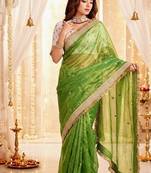 green color satin sequin embroidered work saree with contrast blouse
