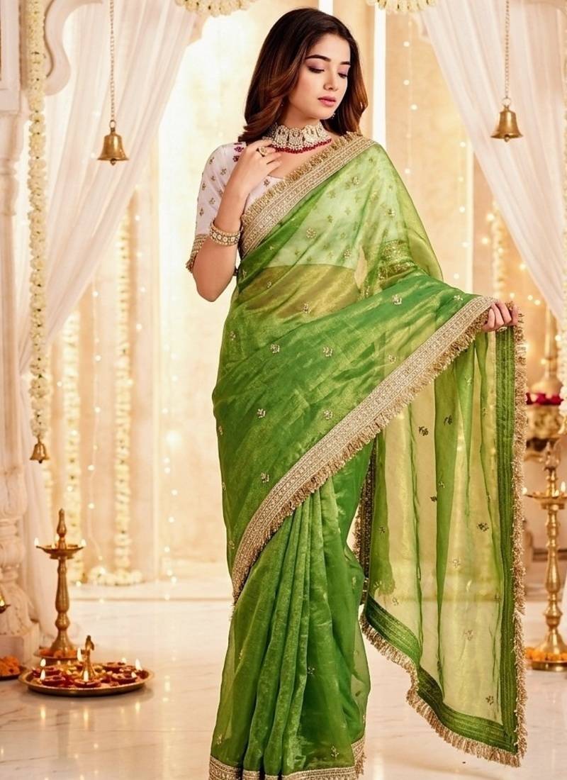 green color satin sequin embroidered work saree with contrast blouse