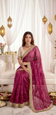 magenta color satin sequin embroidered work saree with contrast blouse 3