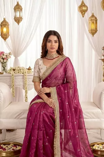 magenta color satin sequin embroidered work saree with contrast blouse