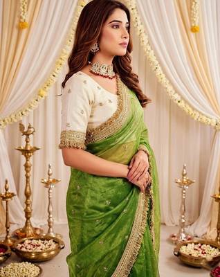 green color satin sequin embroidered work saree with contrast blouse 2