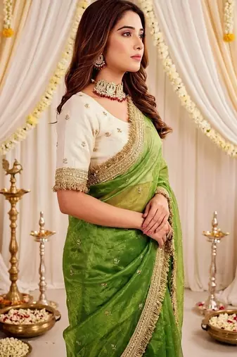 green color satin sequin embroidered work saree with contrast blouse