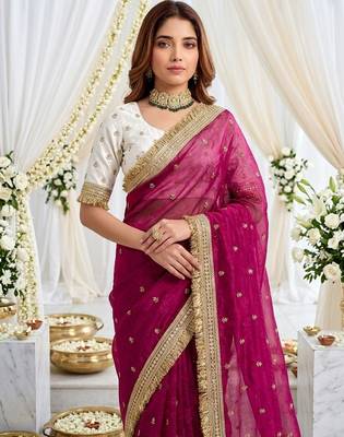 magenta color satin sequin embroidered work saree with contrast blouse 4