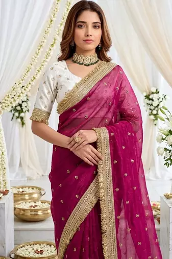 magenta color satin sequin embroidered work saree with contrast blouse