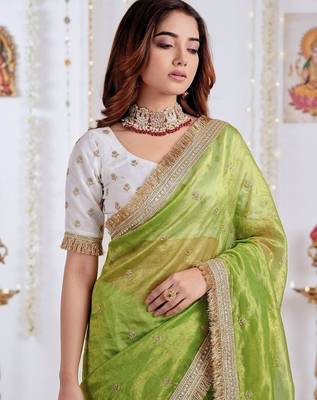 green color satin sequin embroidered work saree with contrast blouse 3