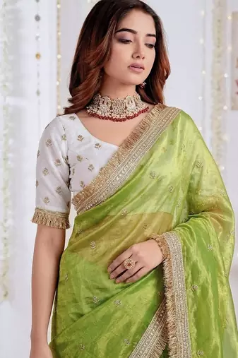 green color satin sequin embroidered work saree with contrast blouse