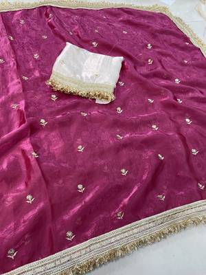 magenta color satin sequin embroidered work saree with contrast blouse 5