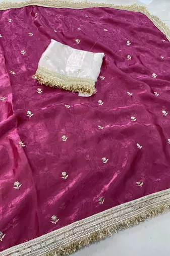 magenta color satin sequin embroidered work saree with contrast blouse