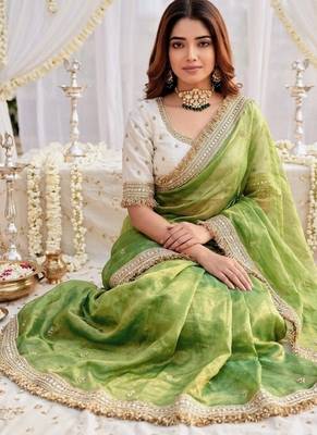 green color satin sequin embroidered work saree with contrast blouse 4
