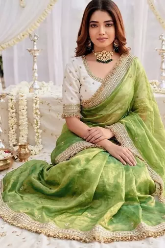 green color satin sequin embroidered work saree with contrast blouse