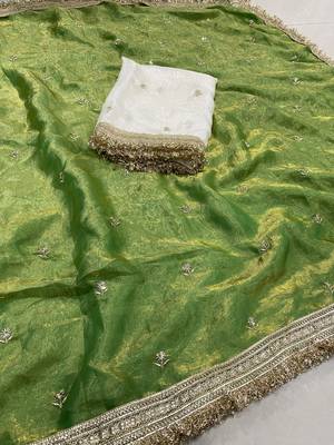 green color satin sequin embroidered work saree with contrast blouse 5