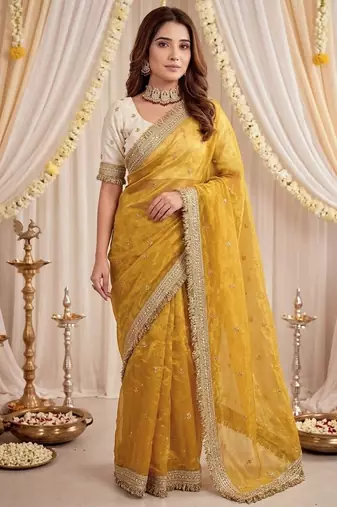 yellow color satin sequin embroidered work saree with contrast blouse