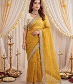 yellow color satin sequin embroidered work saree with contrast blouse