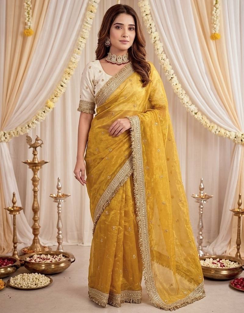 yellow color satin sequin embroidered work saree with contrast blouse