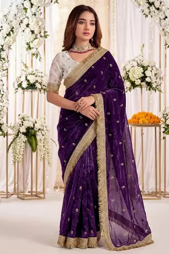 purple color satin sequin embroidered work saree with contrast blouse