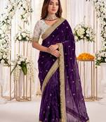 purple color satin sequin embroidered work saree with contrast blouse