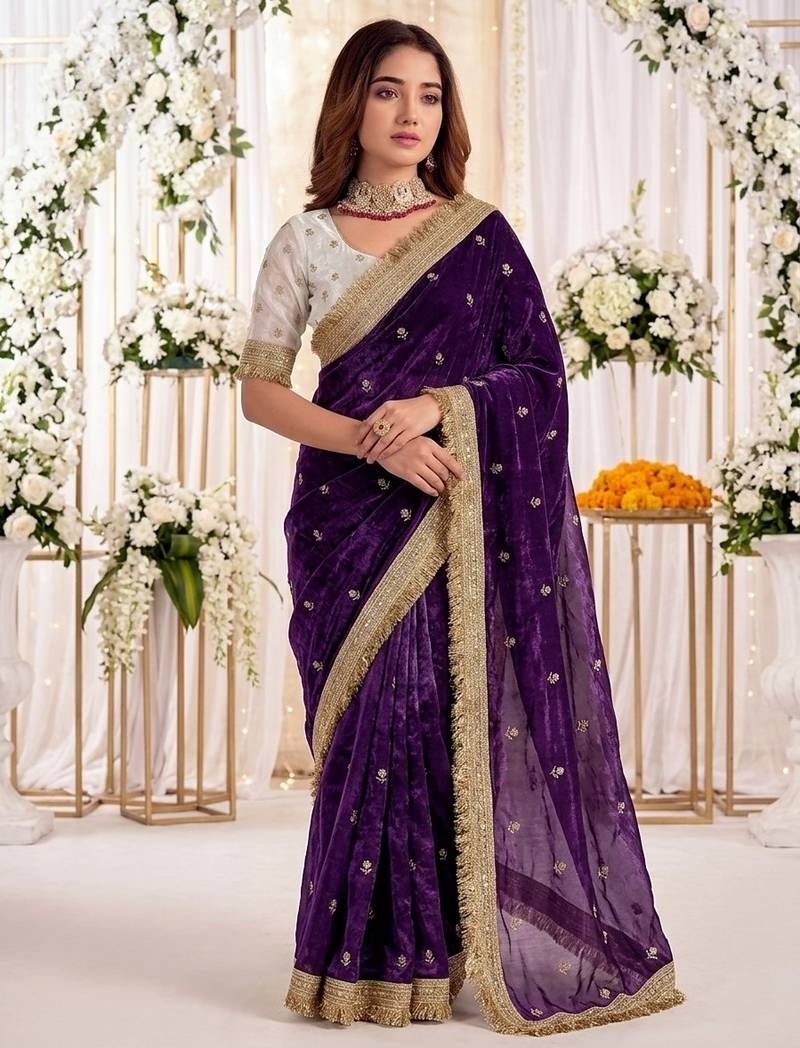 purple color satin sequin embroidered work saree with contrast blouse